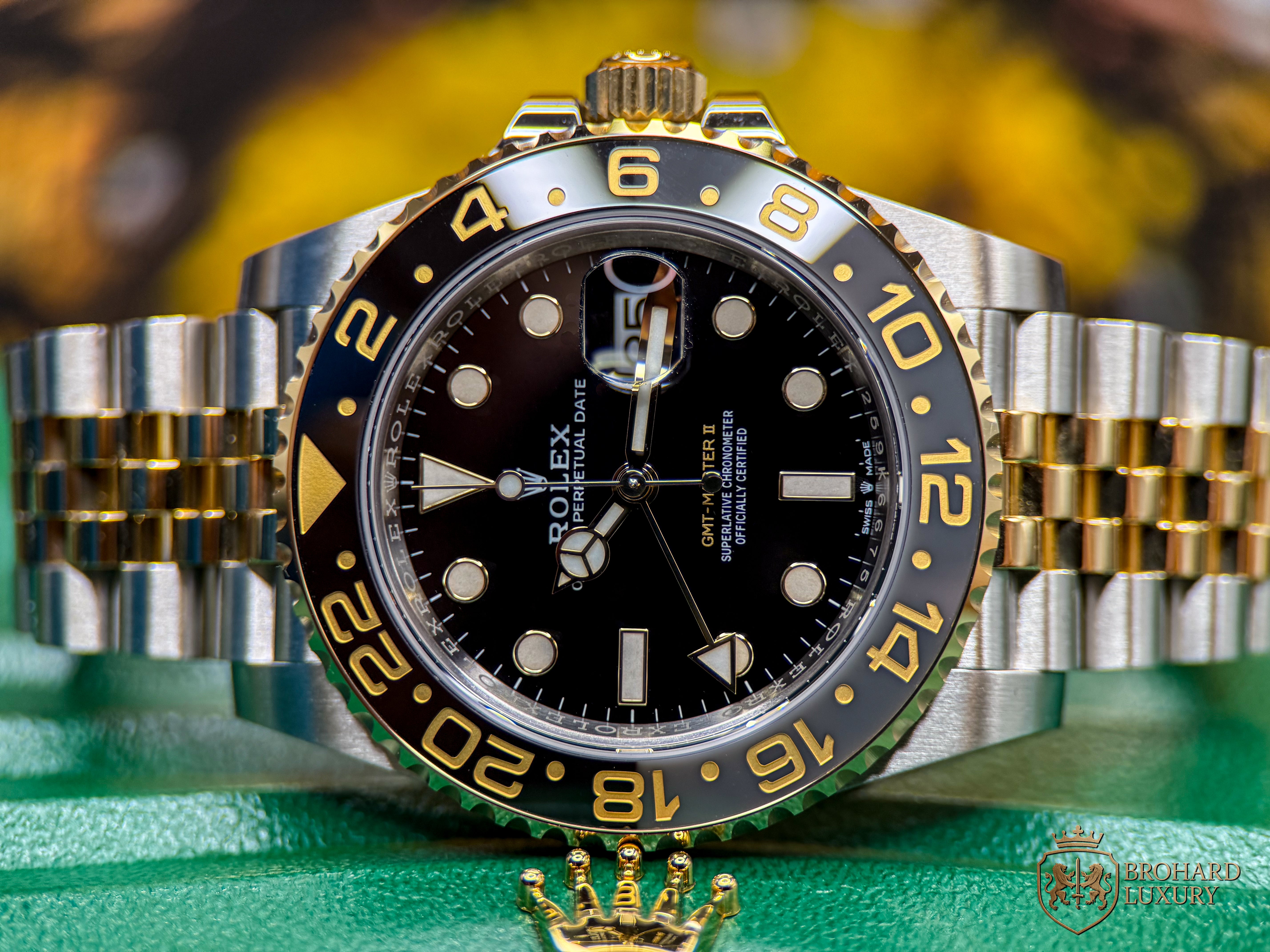 ROLEX GMT-Master II Black Dial Steel 18kt Yellow Gold Men's Watch 126713GRNR