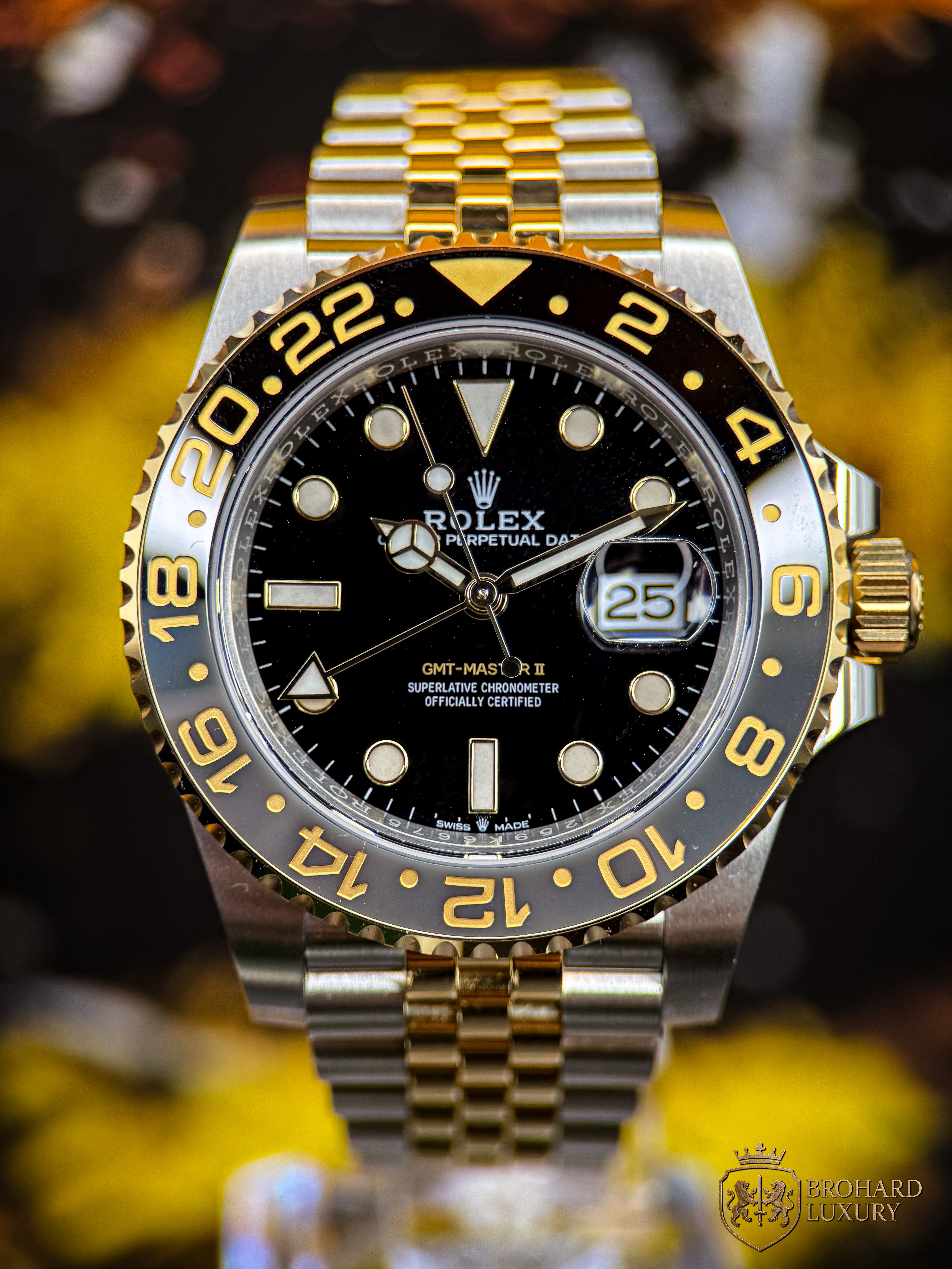 ROLEX GMT-Master II Black Dial Steel 18kt Yellow Gold Men's Watch 126713GRNR