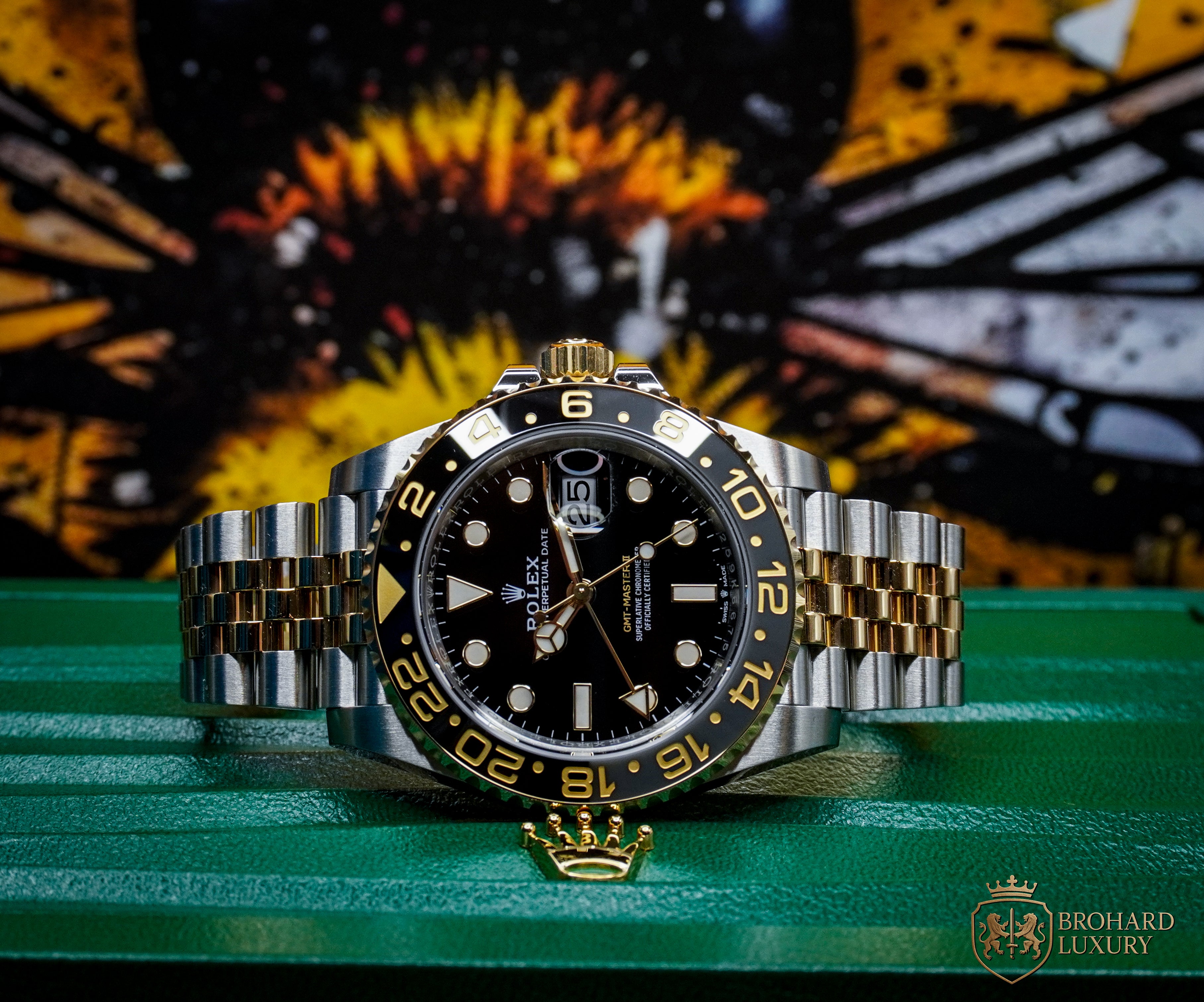 ROLEX GMT-Master II Black Dial Steel 18kt Yellow Gold Men's Watch 126713GRNR