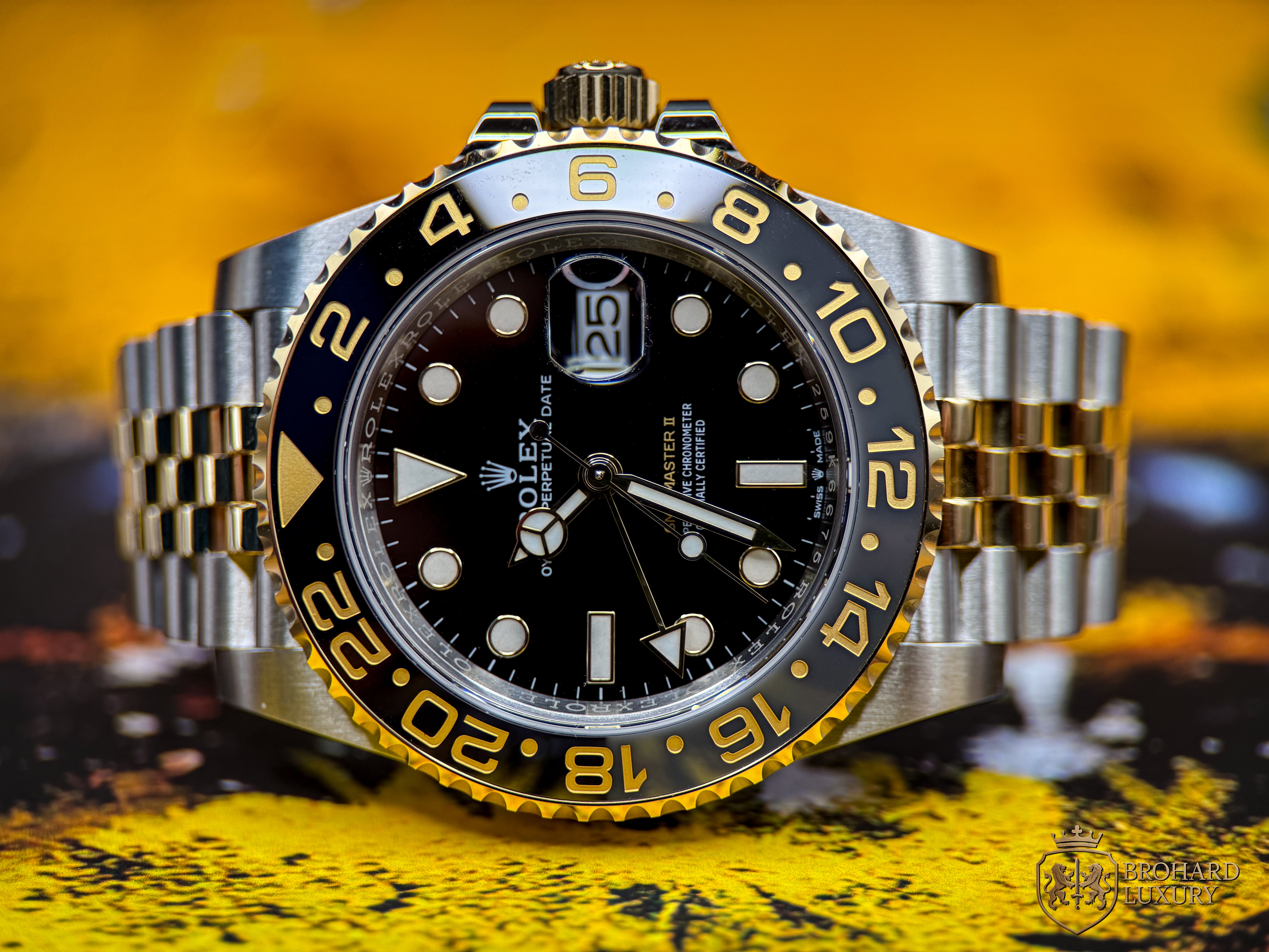 ROLEX GMT-Master II Black Dial Steel 18kt Yellow Gold Men's Watch 126713GRNR