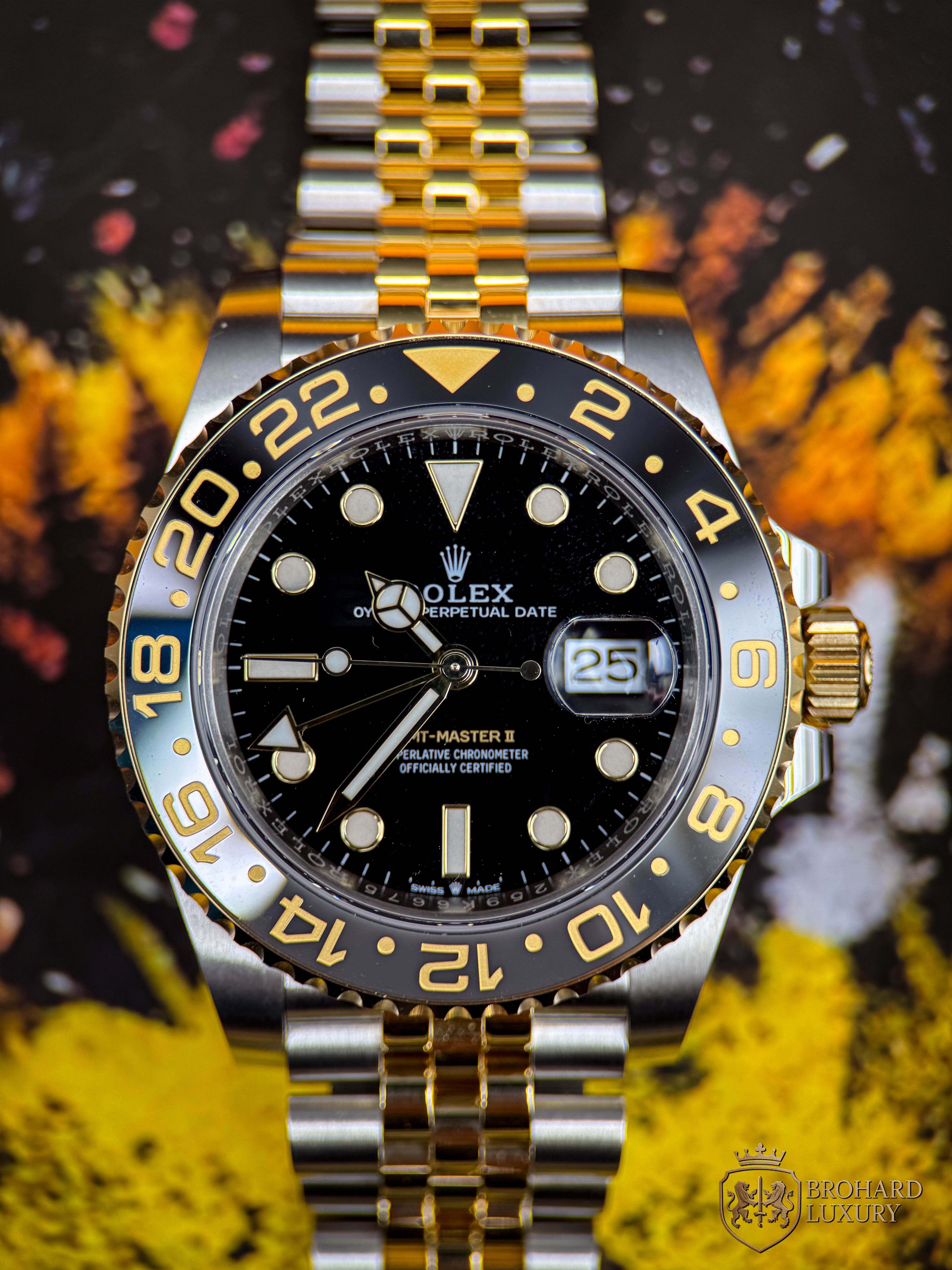 ROLEX GMT-Master II Black Dial Steel 18kt Yellow Gold Men's Watch 126713GRNR