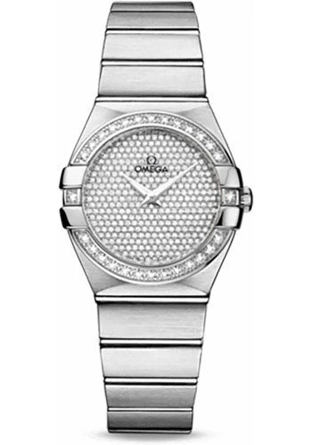 Omega Ladies Constellation Quartz Watch - 27 mm Brushed White Gold Case - Diamond Bezel - Diamond Paved Dial - 123.55.27.60.99.001