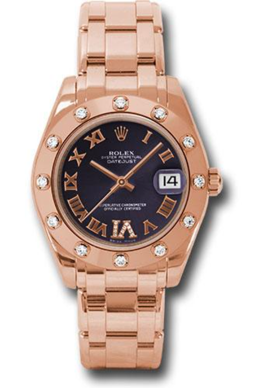 Rolex Pink Gold Datejust Pearlmaster 34 Watch - 12 Diamond Bezel - Purple Diamond Roman Vi Roman Dial - 81315 pdr