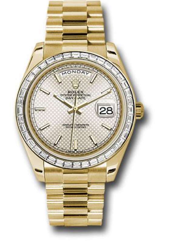 Rolex Yellow Gold Day-Date 40 Watch - Bezel - Silver Diagonal Motif Index Dial - President Bracelet - 228398TBR sdmip