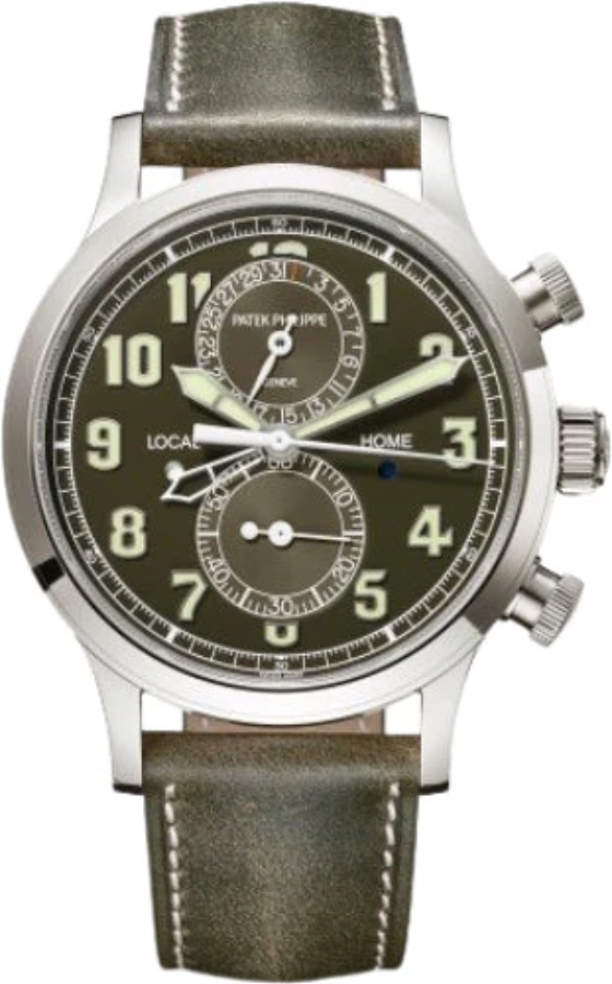 Patek Philippe Complications Calatrava Pilot Travel Time Chronograph White Gold Khaki Green Dial | 5924G-010 (Copy)