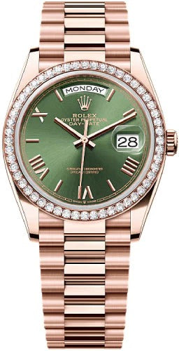 Rolex Day-Date 36mm Olive Green Dial Fluted Bezel President Bracelet - 128235 - 2025