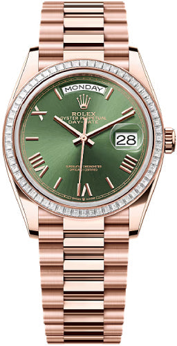 Rolex Day-Date 36mm Olive Green Dial Diamond Set Bezel President Bracelet - 128395TBR - 2025