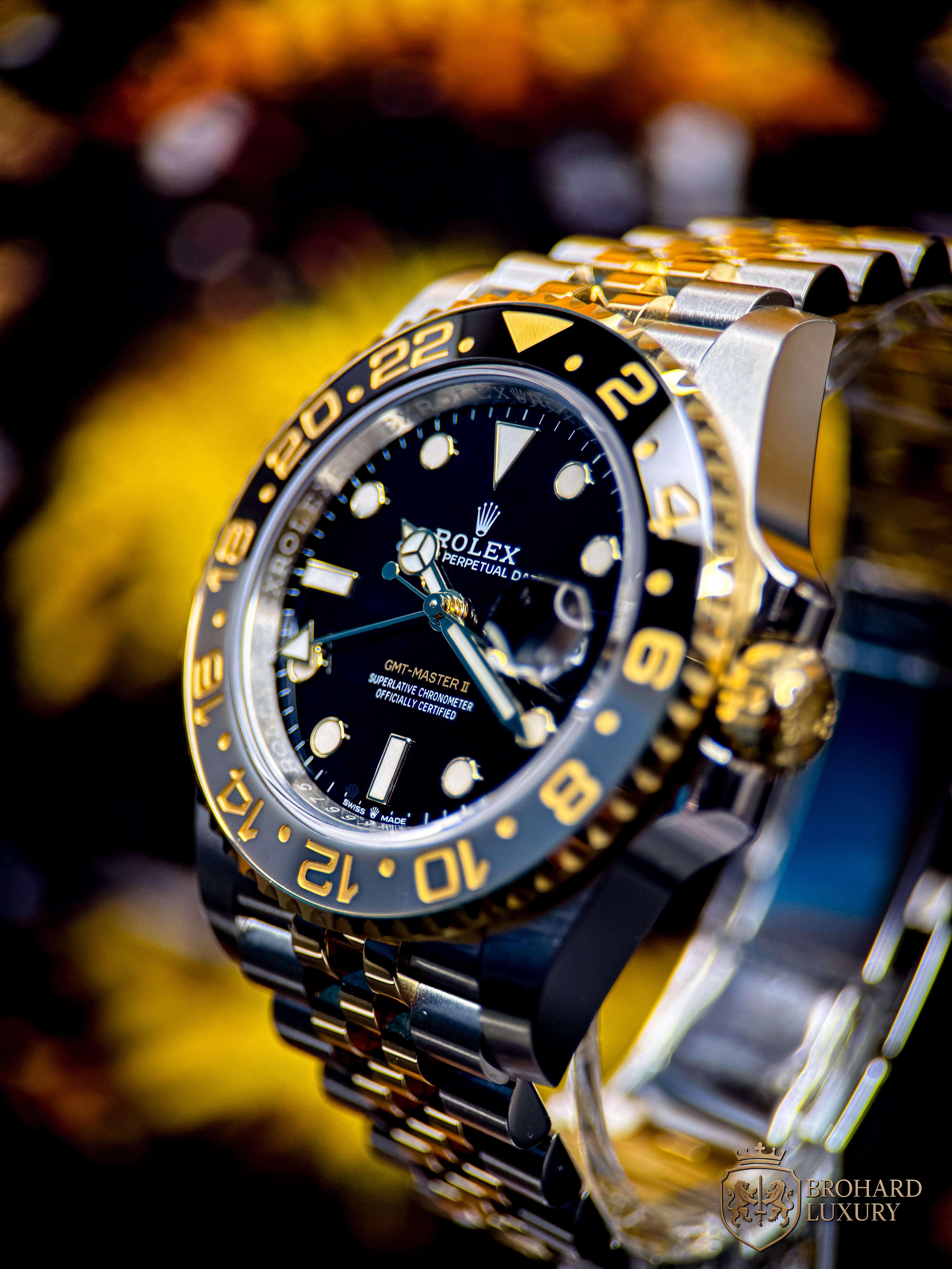 ROLEX GMT-Master II Black Dial Steel 18kt Yellow Gold Men's Watch 126713GRNR