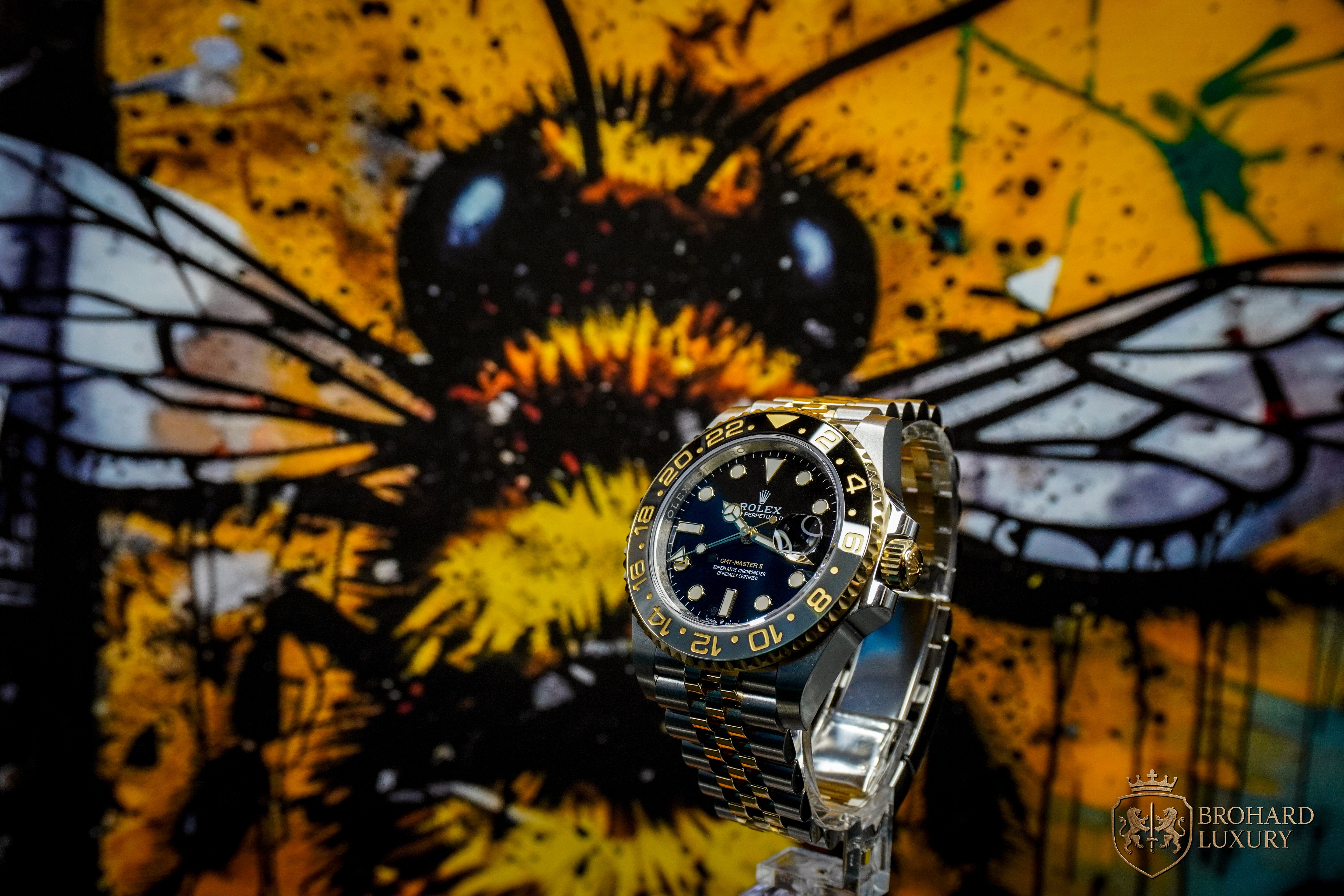 ROLEX GMT-Master II Black Dial Steel 18kt Yellow Gold Men's Watch 126713GRNR