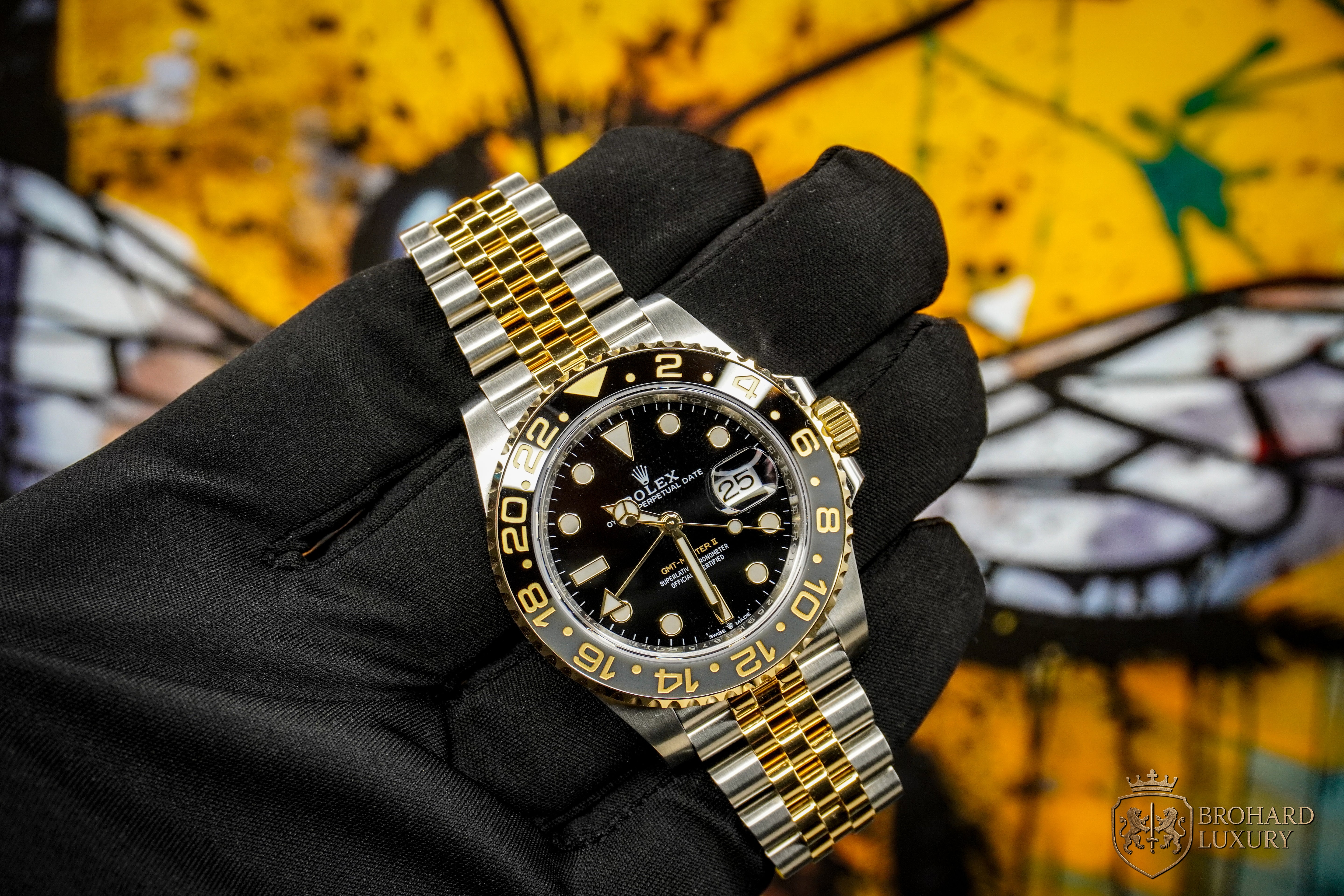 ROLEX GMT-Master II Black Dial Steel 18kt Yellow Gold Men's Watch 126713GRNR