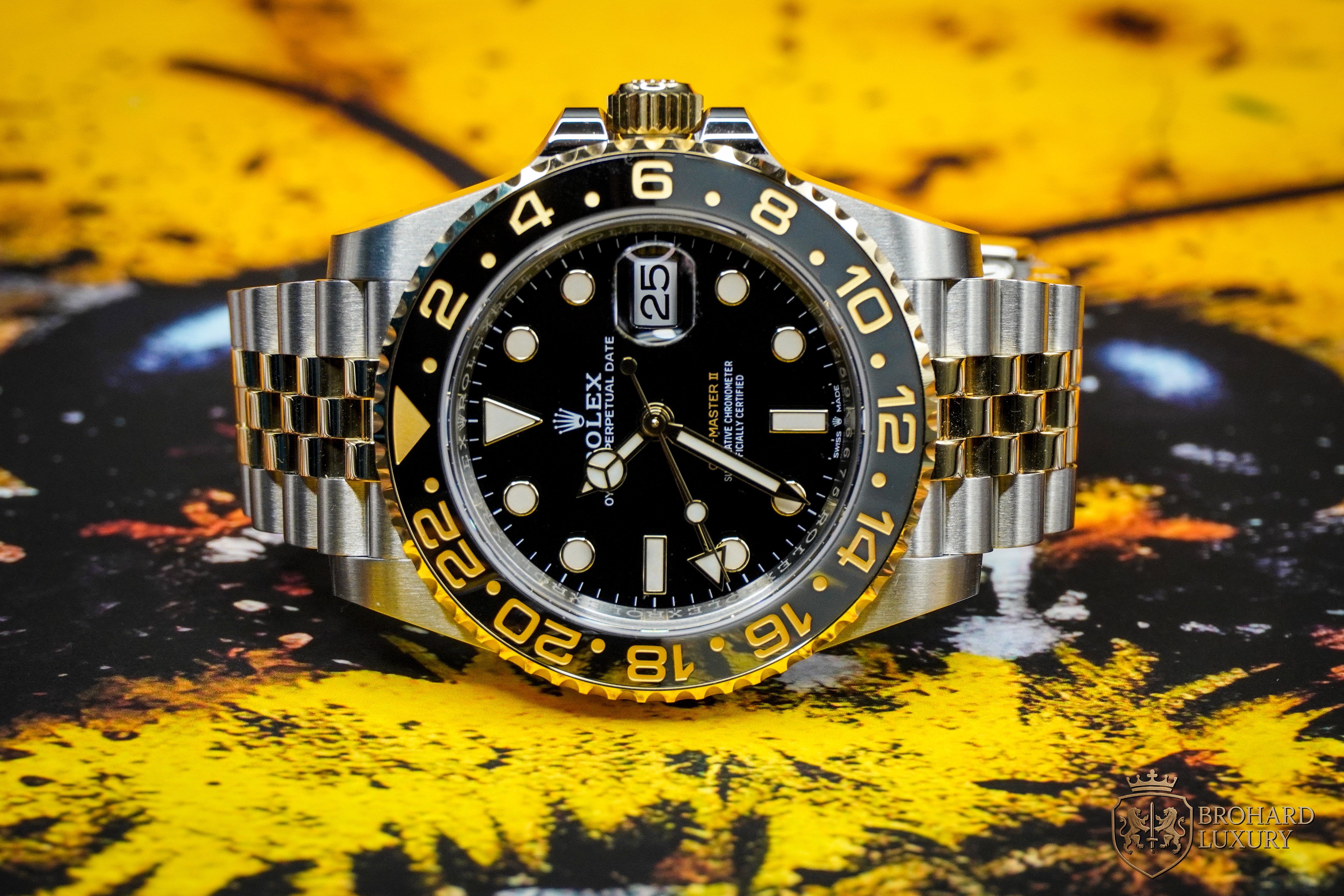 ROLEX GMT-Master II Black Dial Steel 18kt Yellow Gold Men's Watch 126713GRNR