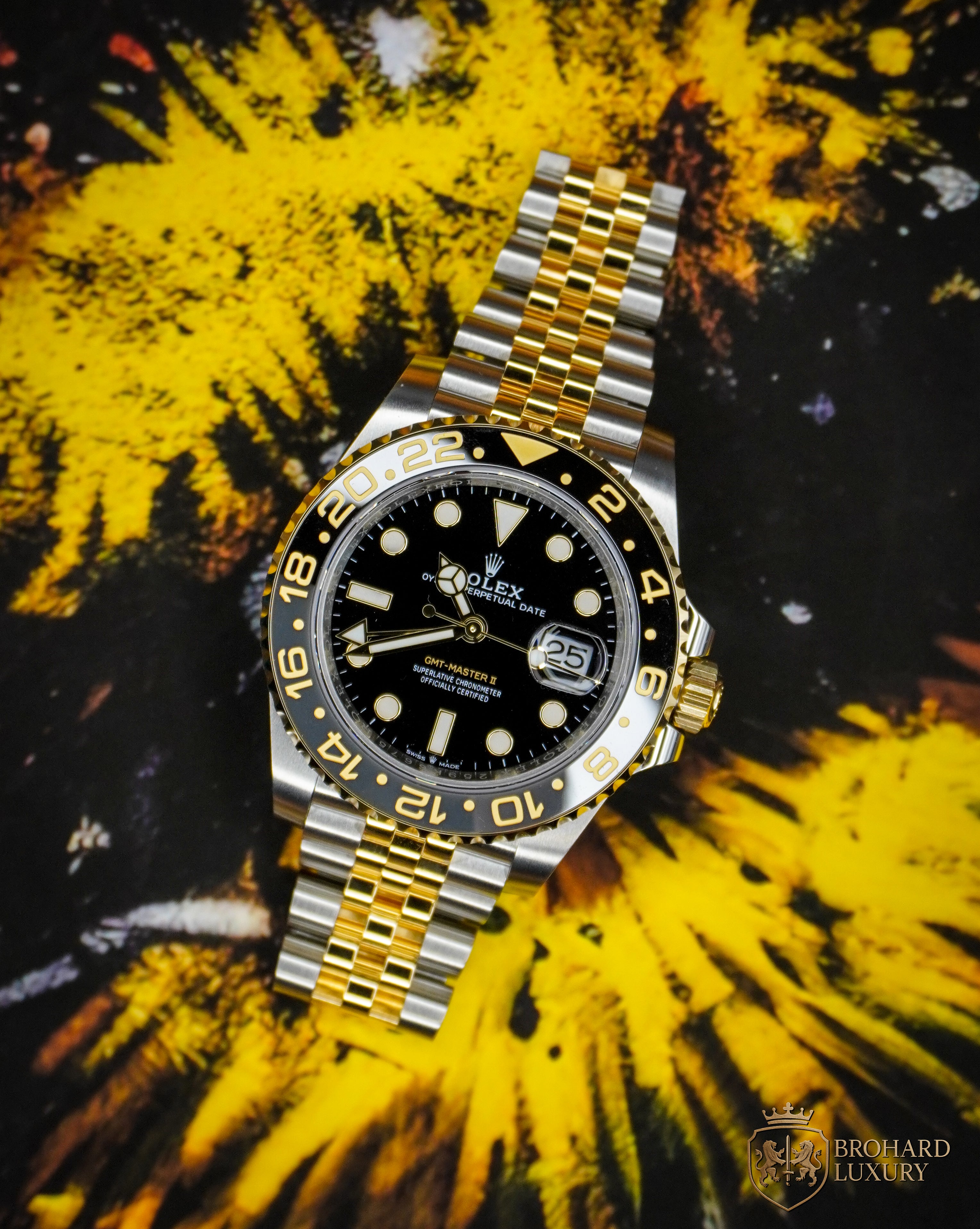 ROLEX GMT-Master II Black Dial Steel 18kt Yellow Gold Men's Watch 126713GRNR