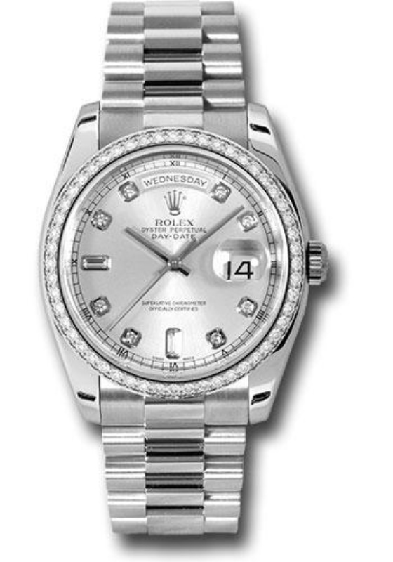 Rolex Platinum Day-Date 36 Watch - Bezel - Silver Diamond Dial - President Bracelet - 118346 sdp