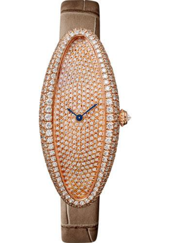 Cartier Baignoire Allongee Watch - 47 mm Pink Gold Diamond Case - Diamond Dial - Taupe Strap - WJBA0010