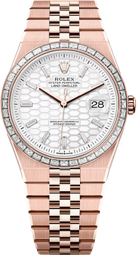 Rolex Land-Dweller 40 Everose Gold Intense White Honeycomb Motif Baguette Diamonds Set Dial Diamond Set Bezel Flat Jubilee Bracelet 127385TBR - 2025