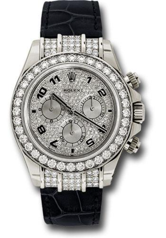 Rolex White Gold Cosmograph Daytona 40 Watch - Pave Diamond Enamel Arabic Dial - Black Leather Strap - 116599RBR
