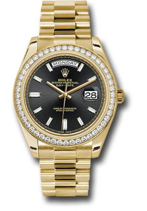 Rolex Yellow Gold Day-Date 40 Watch - Bezel - Black Baguette Diamond Dial - President Bracelet - 228348RBR bkbdp