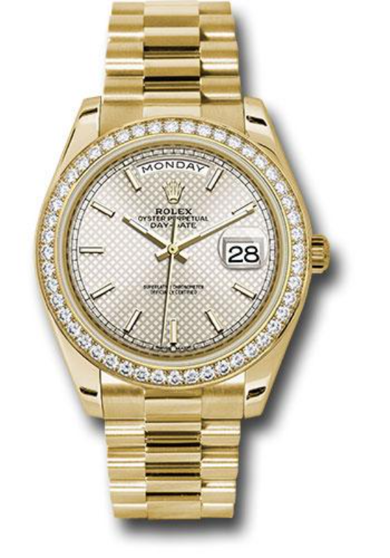 Rolex Yellow Gold Day-Date 40 Watch - Bezel - Silver Diagonal Motif Index Dial - President Bracelet - 228348RBR sdmip