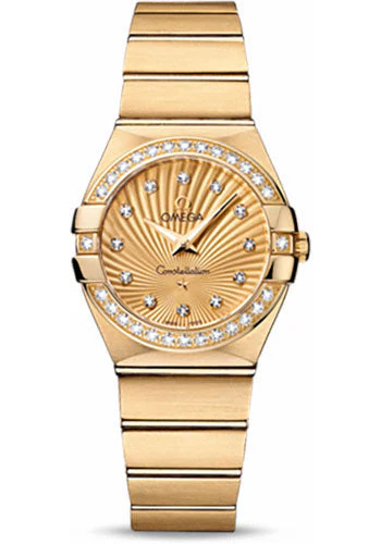 Omega Ladies Constellation Quartz Watch - 27 mm Brushed Yellow Gold Case - Diamond Bezel - Champagne Diamond Dial - 123.55.27.60.58.001